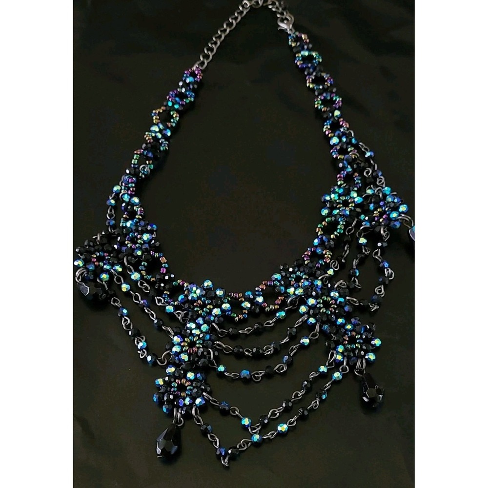 Black AB Crystal Bib Choker Necklace Gothic Draped Teardrop 13in